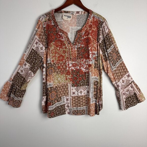 Savanna Jane Tops - Savanna Jane Embroidered Floral Flare Sleeve V Neck Blouse Top Plus 2X Boho